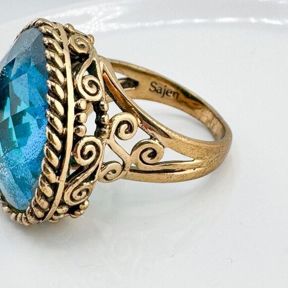 Vintage Sajen Bronze Filigree Heart Ring Dream Blue CZ Retro Glam Modern Chunky - Picture 11 of 14